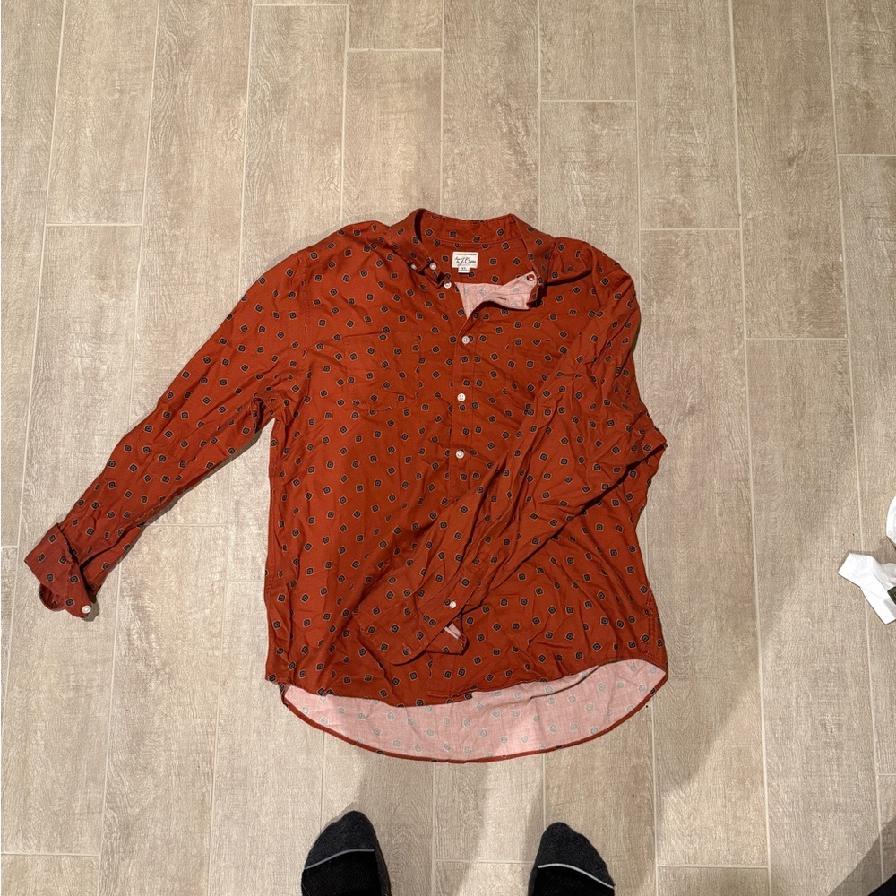 J. Crew Men's Brick Red Patterned Button Down Shirt